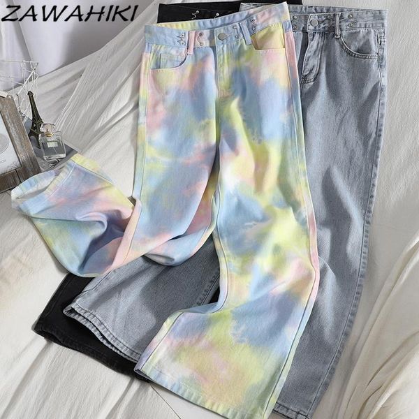 

women's jeans zawahiki korean fashion casual woman summer elegant high waist loose straight wide leg pants all-match long denim, Blue