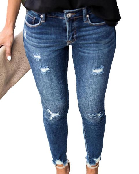 

women's jeans summer ripped mid waist skinny women vintage distressed denim pants holes destroyed pencil casual trousers, Blue