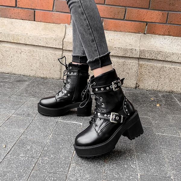 

boots rivet autumn women platform black leather gothic punk style combat for mid heels comfortable 996