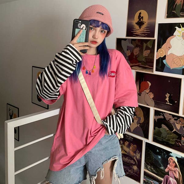 

korea ins harajuku vintage striped fake two long-sleeved t-shirt female fashion loose o-neck casual 210608, White