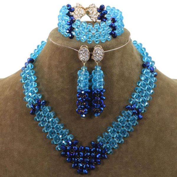 

earrings & necklace pretty teal blue wedding african bridal crystal jewelry set nigerian beads women heb045, Silver