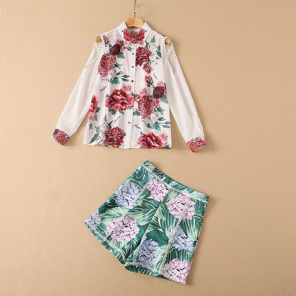 

two piece dress european and american women's wear for spring peony print shirt with long sleeves hydrangea printed shorts fashion suit, White