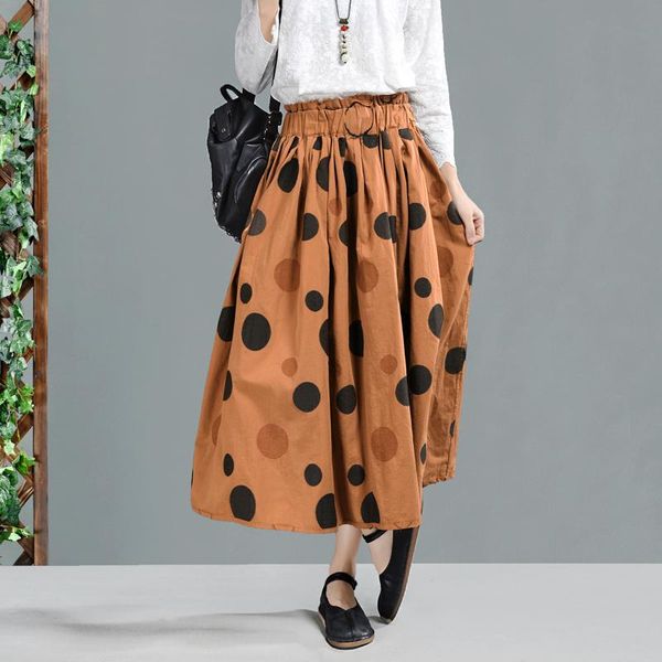 

skirts spring skirt women retro loose elastic waist dot ladies casual cotton and linen double-sided wear vintage 2021, Black