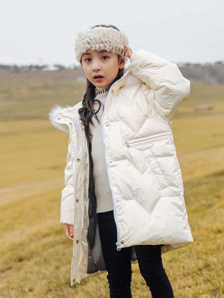 

down coat fashion children 80% duck long winter warm windproof faux fur hooded solid jackets outerwear teen girls clothes 5-13yr, Blue;gray