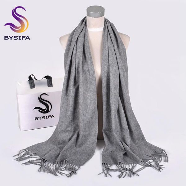 

deep grey natural pure wool scarves shawls female warm winter wraps simple elegant long tassel neck scarf, Blue;gray