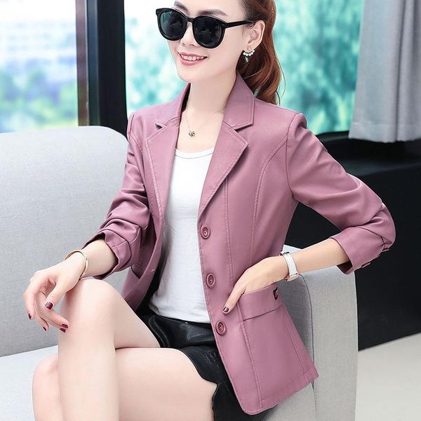 

women's leather & faux female jacket women spring autumn feminine coat 2021 casual solid blazer turn collar office lady outerwear, Black