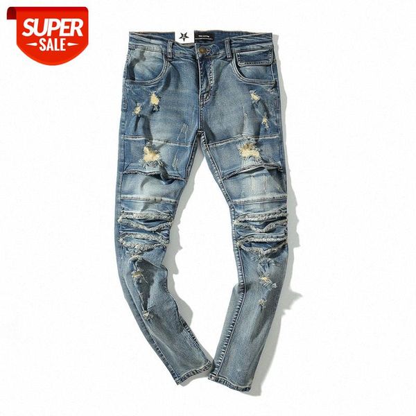 

men's retro destruction slim-fit jeans heavily worn and washed broken holes made old beggar pants #2j63, Blue