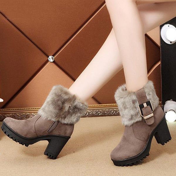 

boots women ankle high thick heels ladies furry plush warm winter zipper platform woman non slip snow 2021, Black