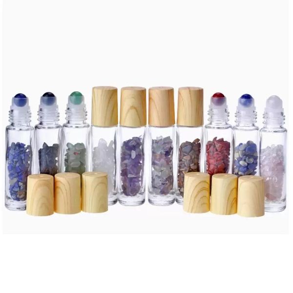 10 ml Klare Glasrolle auf der Parfümflasche mit natürlichem Kristallquarz Stein Kristalle Kugelholzkornabdeckung Ätherische Ölflasche