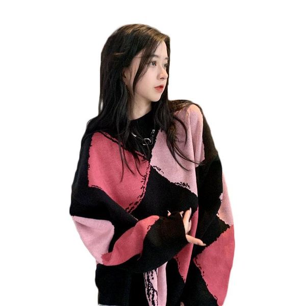 

women's sweaters lingge retro contrast color sweater pullover lazy wind jacket autumn 2021 korean loose outer h597, White;black