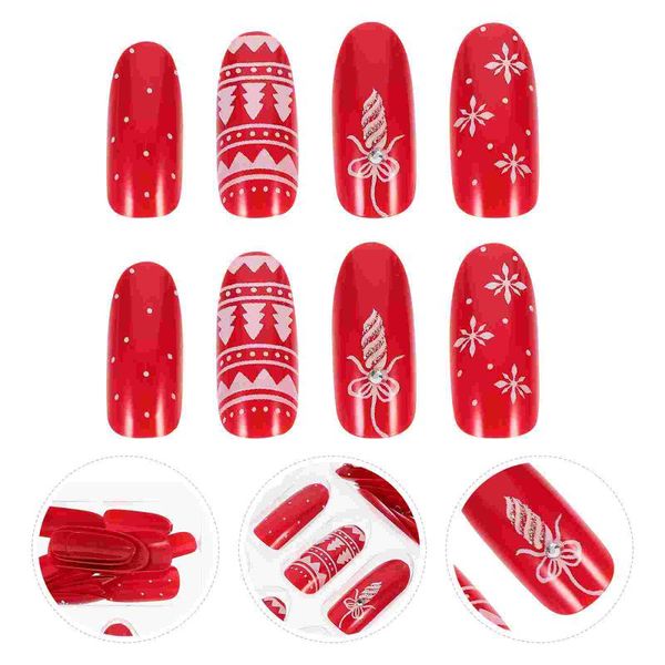 

false nails 48pcs fake christmas winter festival manicure decoration, Red;gold