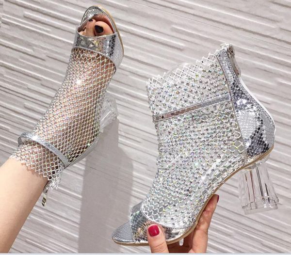 

sandals 2021 early spring rhinestone mesh crystal heel one line open toe roman women's, Black