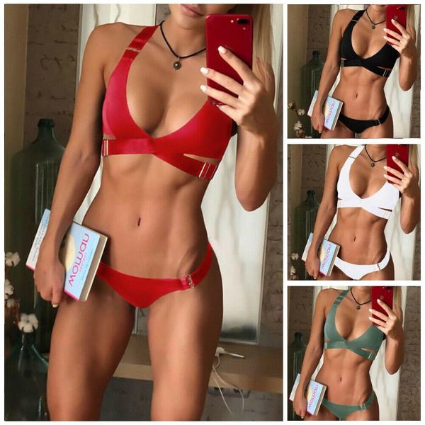 

women's swimwear women push-up padded bra bandage bikini set swimsuit triangle bathing solid color suit female, White;black
