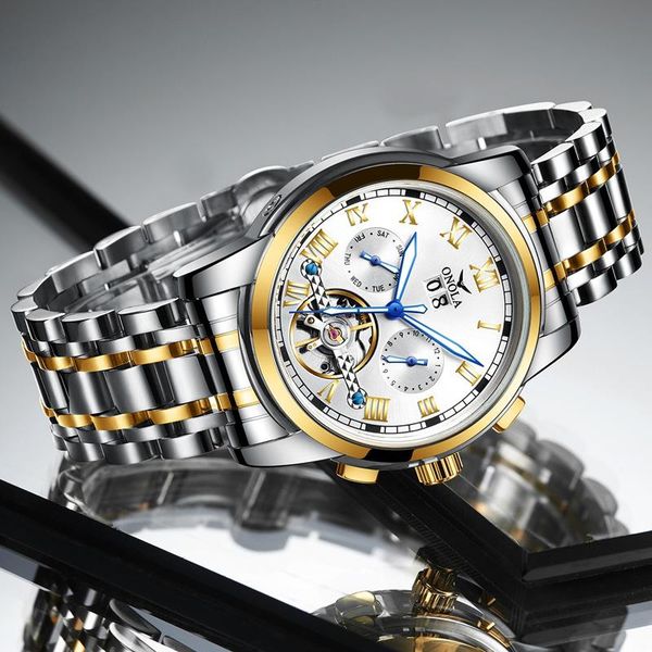 

wristwatches automatic mechanical watch men's brand onola business tourbillon hollow waterproof calendar multifunction casual watches, Slivery;brown