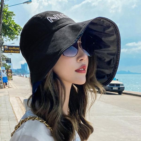 

reversible foldable cotton sun hat for women summer wide brim uv protection panama beach ladies girls outdoor korean sea hats, Blue;gray