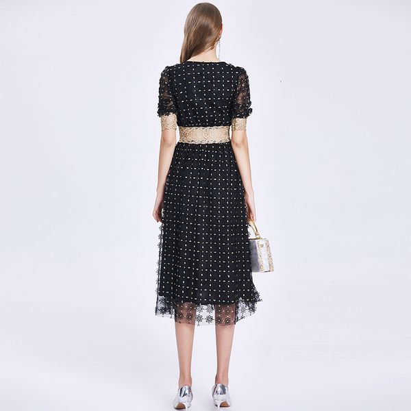 

casual dresses elegant patchwork embroidery female v neck puff short sleeve high waist hollow out women fashion summer lace g0gz, Black;gray