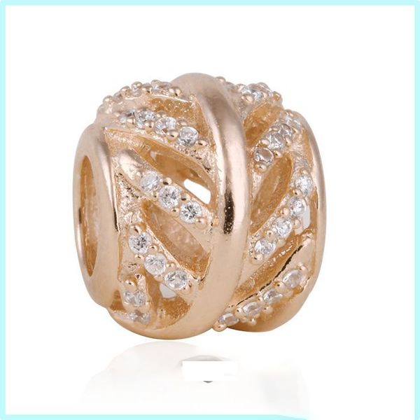 

factory wholesale 100% 925 sterling silver & rose gold plated pave feather bead with clear cz bead fits european jewelry charm bracelets, Black