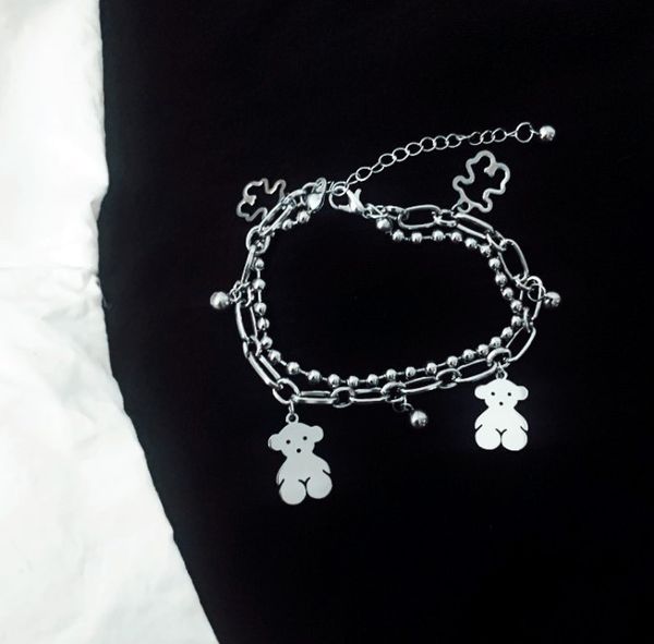 

bear bracelet with double-layer hollow bead pendant chain, Black