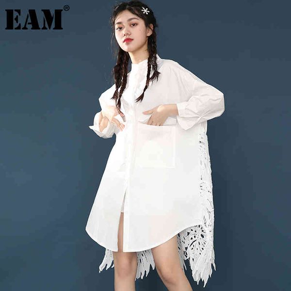 

[eam] spring autumn stand collar long sleeve back lace hollow out spliced big size shirt women blouse fashion jr83500 21512, White