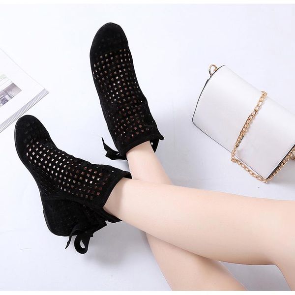 

boots women height increasing ankle ladies lace up fashion shoes female hollow out comfortable foowear women's 2021 plus size, Black