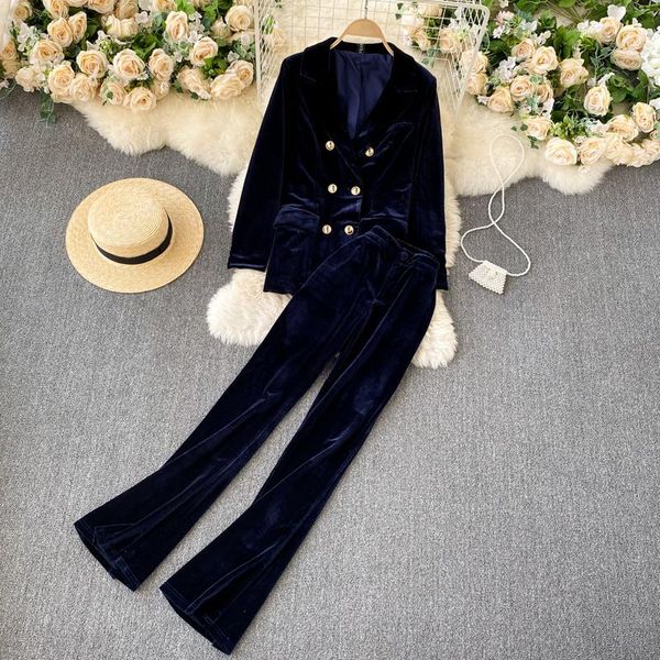 

women's two piece pants 2021 autumn winter velvet blazer trouser suit notched collar coat wide leg pleuche office work set, White