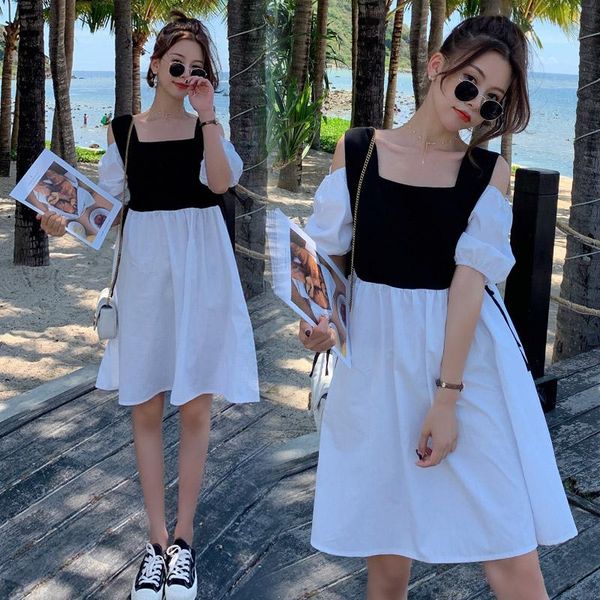 

maternity dresses 693# clothes summer short sleeves sqare collar hollow shoulder easy matching loose dress pregnant women mom, White
