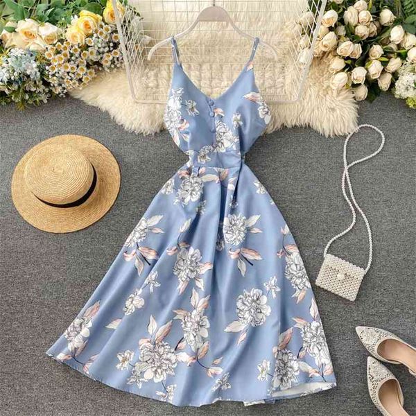 

fmfssom boho v neck floral print slim spaghetti strap midi long summer casual party women a-line beach holiday dress 210331, Black;gray