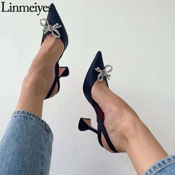 

dress shoes gladiator pumps woman satin crystal bowknot pointy toe fashion high heel female big size 35-42 women 2021, Black