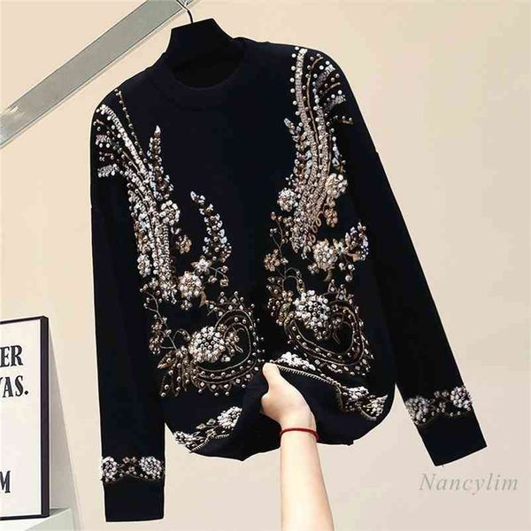 

studded beaded petal pullover knitting sweater coat woman autumn winter womens sweaters female clothes 210519, White;black