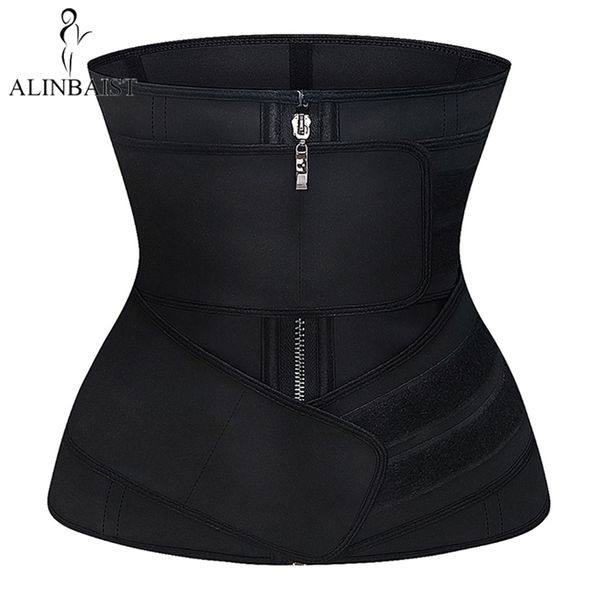 

latex waist trainer waist cincher shaper 9 steel boned zipper & hooks firm body shapewear stomach slimming belt double straps 210402, Black;white