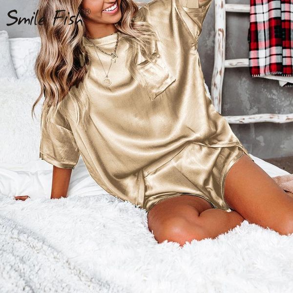

women's tracksuits satin silk women sets pockets t shirts and elastic waist shorts suit pajama 2021 spring summer 2 piece set homewear, Gray