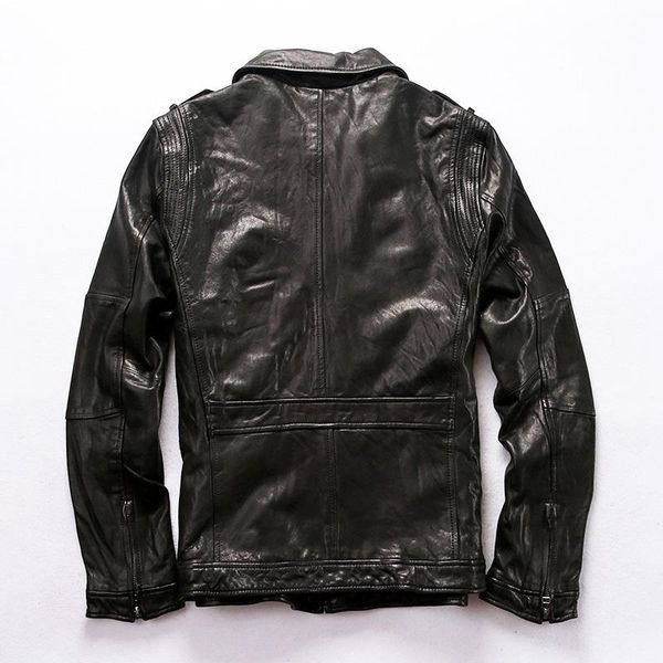 

men's leather & faux plant tanning goatskin motorcycle jacket with pockets safari style black fold casual coat men autumn