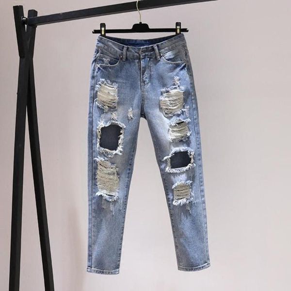 

women's jeans net red pierced high waist 2021 spring and summer loose bf wind show thin straight beggars' capris, Blue