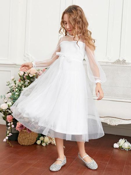 

girls lantern sleeve belted mesh dress she, Red;yellow
