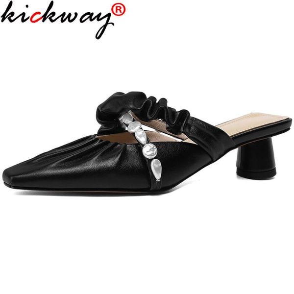 

kickway pointrd toe shoes woman heels shallow women mules 2021 spring est genuine leather working 40 sandals, Black