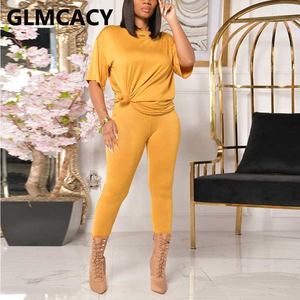 

two pieces sets solid casual women short sleeve o-neck t-shirt & bodycon pants 210702, White