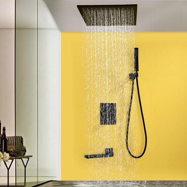 

black wall mount rainfall shower faucet set concealed bathroom faucets system 16'' head swivel tub spout mixer tap sets