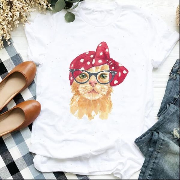 

cat animal cartoon fashion womens casual 90s style print tee clothes graphic, White