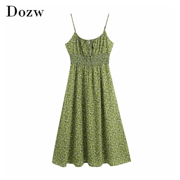 

floral print chiffon dress spaghetti strap midi bow tie elastic waist chic knee length es summer vestido 210515, Black;gray