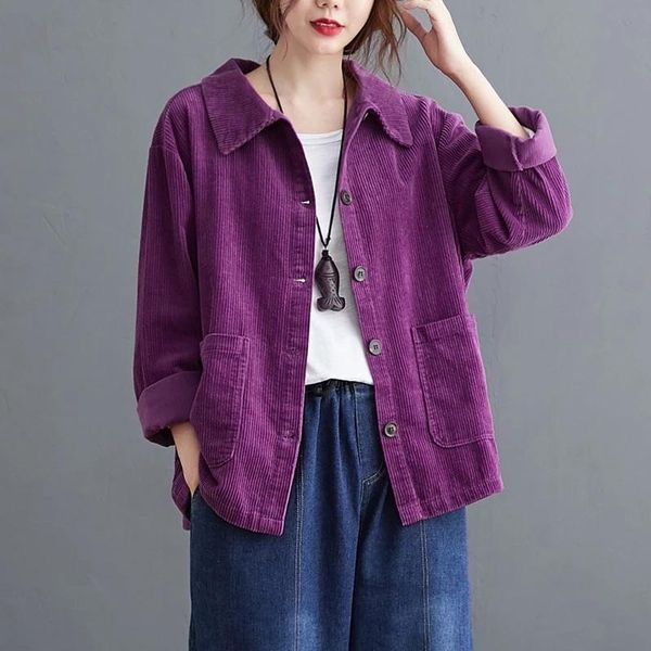 

women autumn corduroy casual jackets 2021 simple style vintage turn-down collar all-match loose female outerwear coats women's, Black;brown