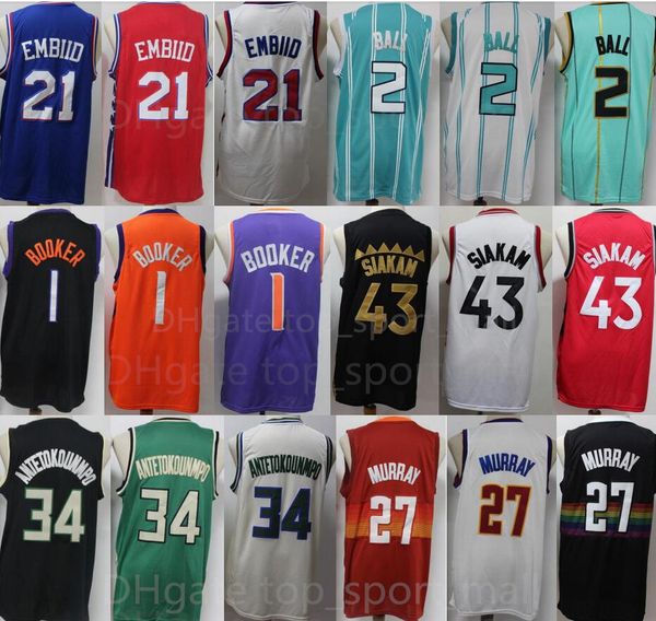 

all team basketball pascal siakam jersey 43 joel embiid 21 lamelo ball 2 devin booker 1 giannis antetokounmpo 34 jamal murray 27 stitched go, Black;red