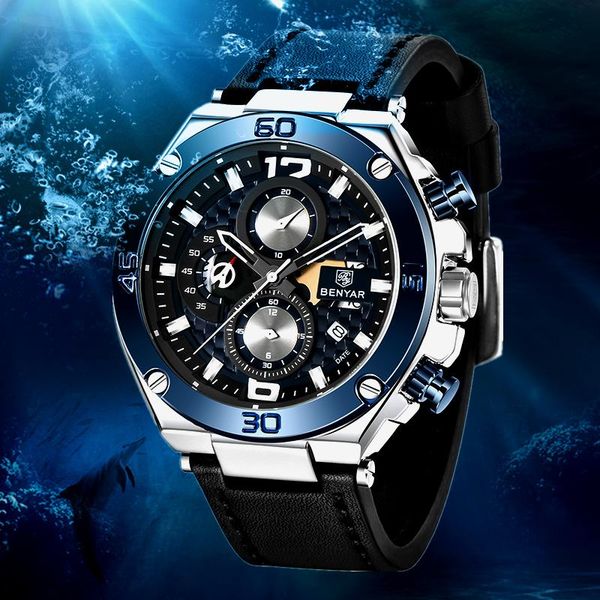 

wristwatches benyar sports men quartz waterproof 30m leather chronograph watches 45mm large dial military watch for, Slivery;brown