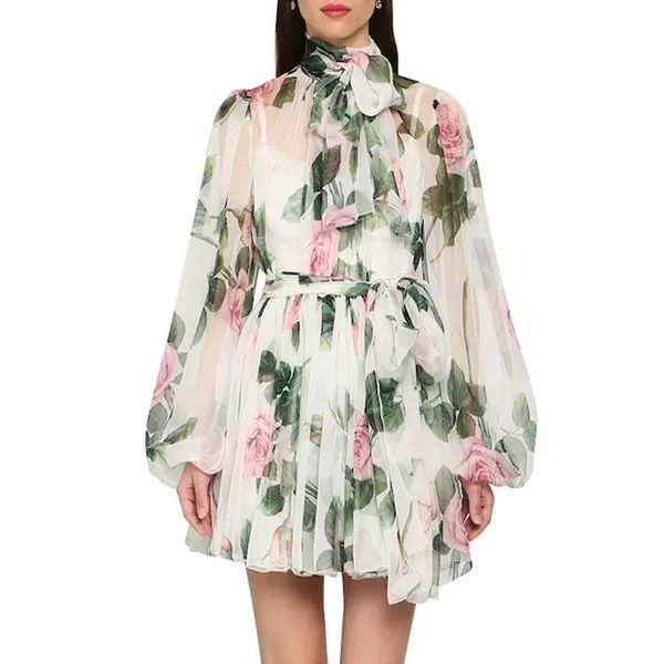 

banulin runway designer charming floral printing mini dress women's long sleeve bow tie slim with belt 210603, Black;gray