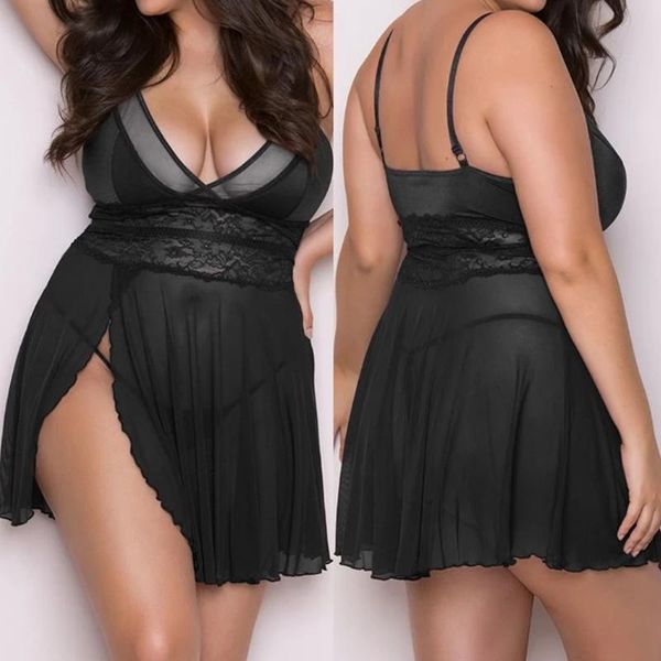 

women's sleepwear plus size 4xl nightdress see-through mesh slit suspender lingerie bodysuit women, Black;red