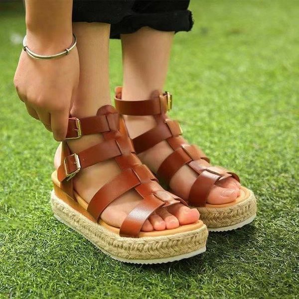 

sandals large size summer style rope thick-soled round toe women's roman shoes, Black