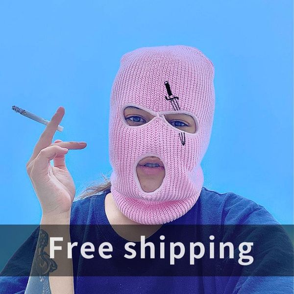 

beanies 3 hole full face ski mask army tactical cover balaclava knit hat winter warm for outdoor sports caps embroidery