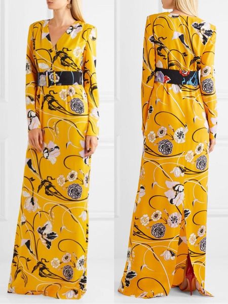 

casual dresses 2021 designer luxury maxi dress women's long sleeve yellow geometry print stretch jersey silk spandex, Black;gray