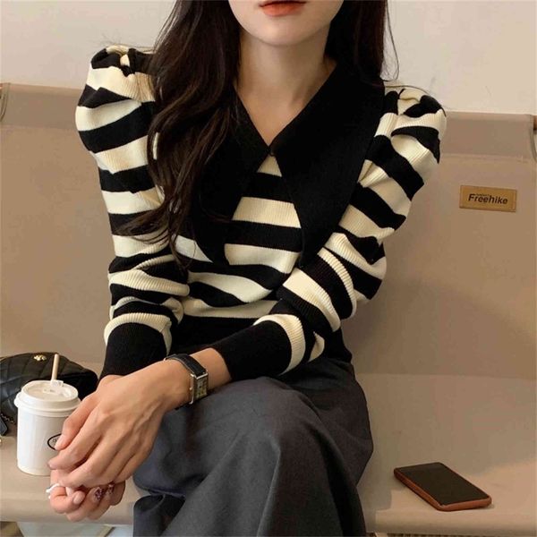 

women's sweaters puff leisure sleeve knits shirts stripes women's fashion pullovers chic lapel inferior fall xgee, White;black