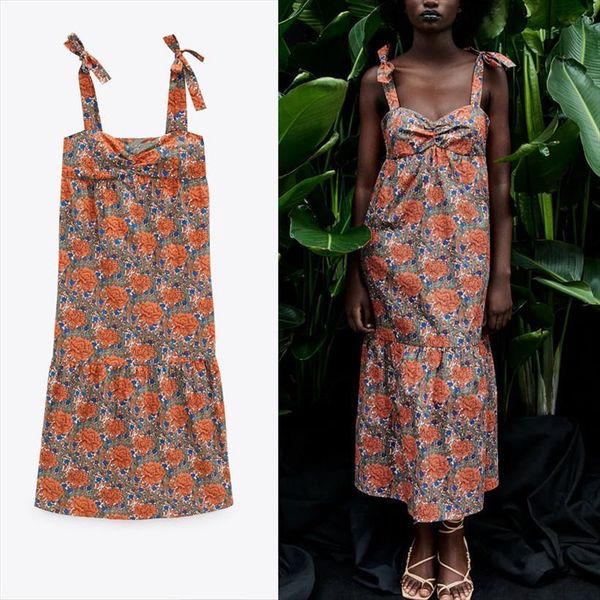 

vintage floral print za adjustable women dresses tie straps midi summer woman smocked elastic cottagecore, Black;gray