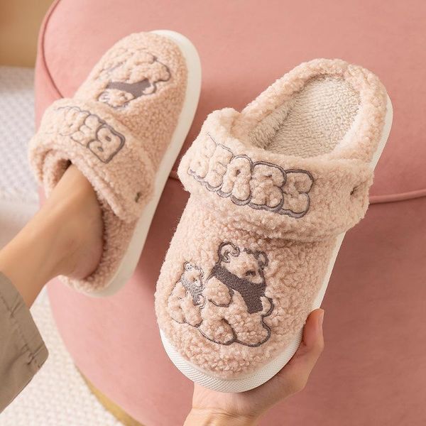 

slippers furry warm home flat lightweight soft comfortable cute bears winter slipper women's cotton shoes indoor plush, Black
